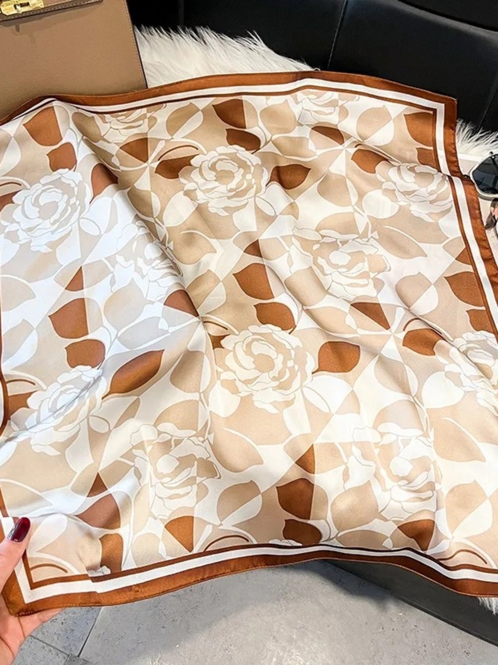 Silk-feel Neutral Floral Satin Scarf - Cream & Brown Head, Neck 70*70cm